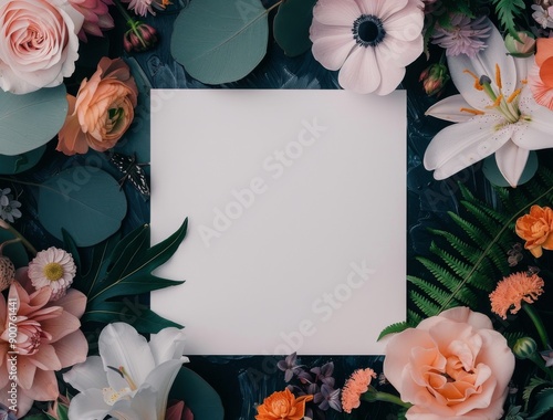 Blank Card Surrounded by Flowers and a Chameleon