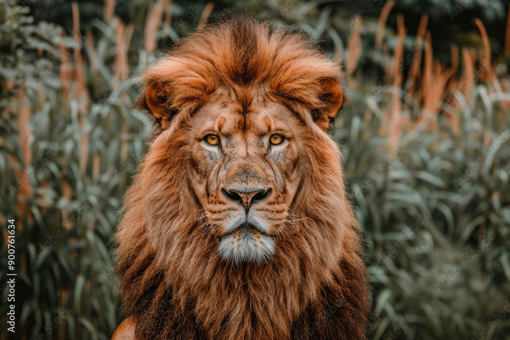 Fototapeta premium A majestic lion with a regal mane stares into the camera.