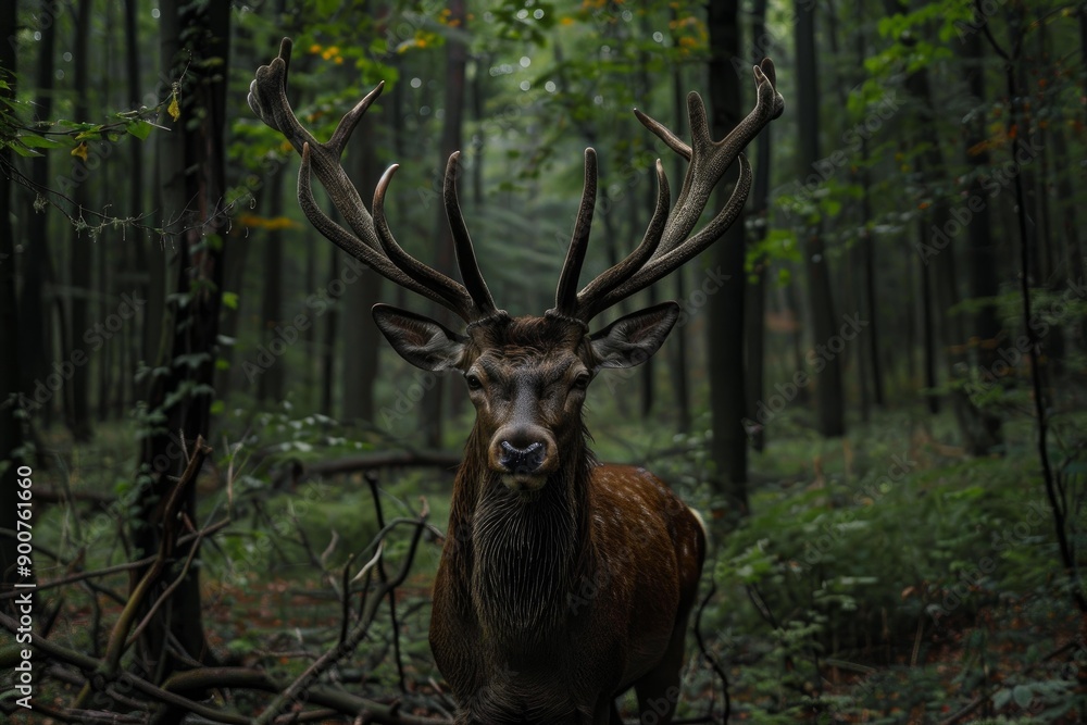 Noble deer with impressive antlers stands alert in a serene, foggy woodland Noble deer with impressive antlers stands alert in a serene, foggy woodland