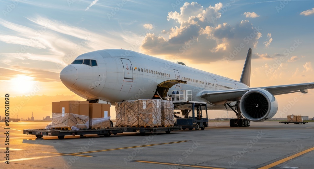 Fototapeta premium Airplane Loading Cargo at Sunset