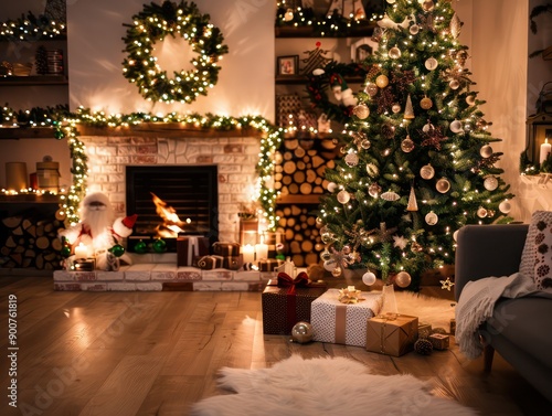 A cozy living room with a fireplace, a Christmas tree, and a wreath on the mantle