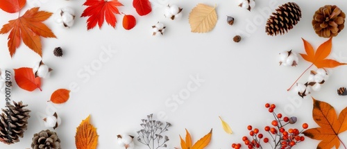 Autumnal Pinecones, Cotton, and Leaves on White Background
