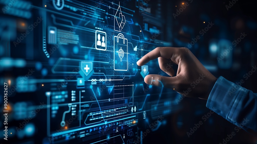 Hand interacting with a secure digital interface on a high-tech screen Hand interacting with a secure digital interface on a high-tech screen