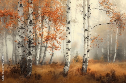 Birch Trees in Autumn Fog