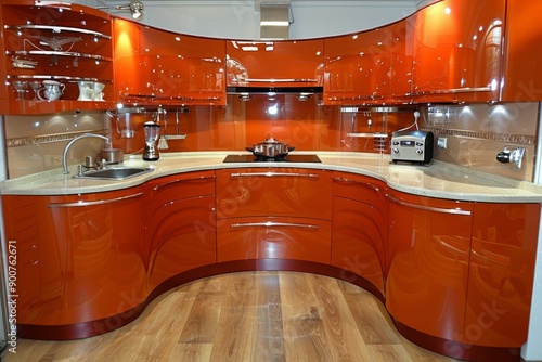 Modern kitchen with curved red cabinets, high-gloss finish, and contemporary design, stylish and sleek interior
