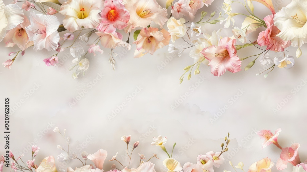 A white background with a pink and white flower arrangement. The flowers are arranged in a way that they are overlapping each other, creating a sense of depth and dimension. Scene is one of beauty A white background with a pink and white flower arrangement. The flowers are arranged in a way that they are overlapping each other, creating a sense of depth and dimension. Scene is one of beauty