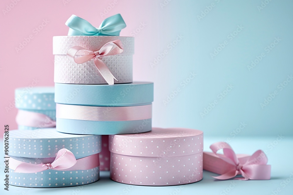 Stacked pastel round gift boxes with ribbons on pink and blue background. Studio still life photography. Gift wrapping and presentation. Birthday celebration. Design for posters, cards, invitations, b Stacked pastel round gift boxes with ribbons on pink and blue background. Studio still life photography. Gift wrapping and presentation. Birthday celebration. Design for posters, cards, invitations, b