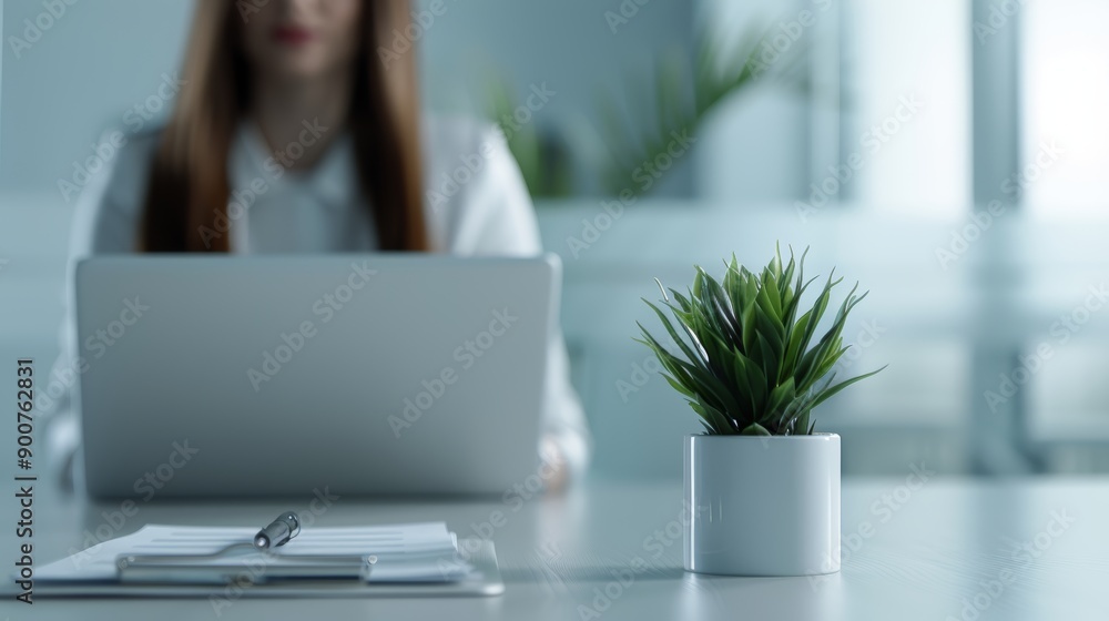 A businesswoman discussing investment options with a client in a modern office, with copy space, high-resolution photo, realistic photo A businesswoman discussing investment options with a client in a modern office, with copy space, high-resolution photo, realistic photo