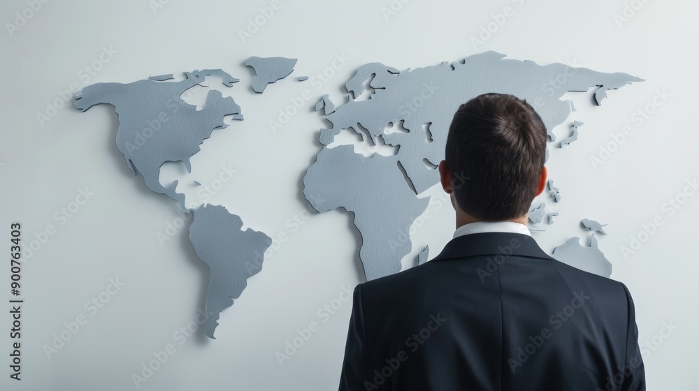 A businessman looking at a world map with investment opportunities highlighted, with copy space, high-resolution photo, realistic photo A businessman looking at a world map with investment opportunities highlighted, with copy space, high-resolution photo, realistic photo