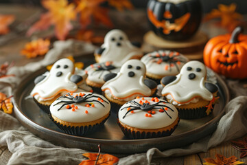 Delicious halloween cupcakes decorated with spiders and ghosts laying on a table with autumn leaves