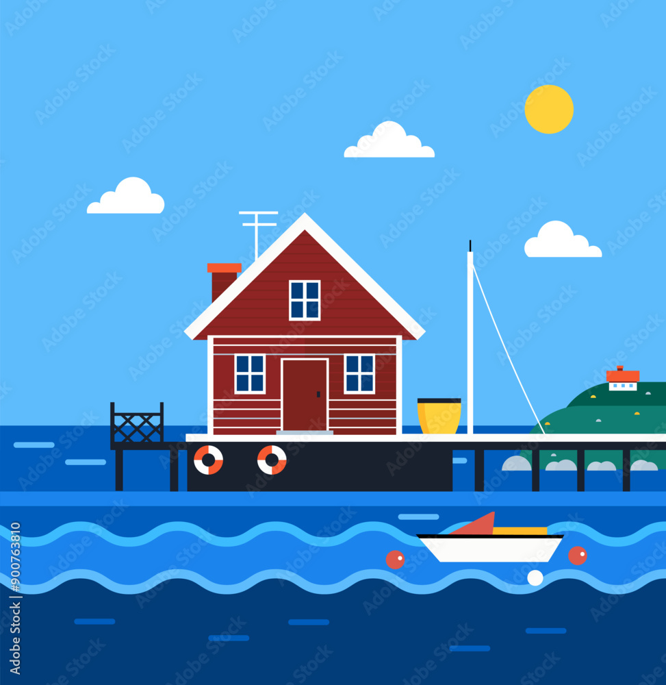 Fishing house on the pier, with boat flat vector illustration in sunny sea near the shores with house Fishing house on the pier, with boat flat vector illustration in sunny sea near the shores with house