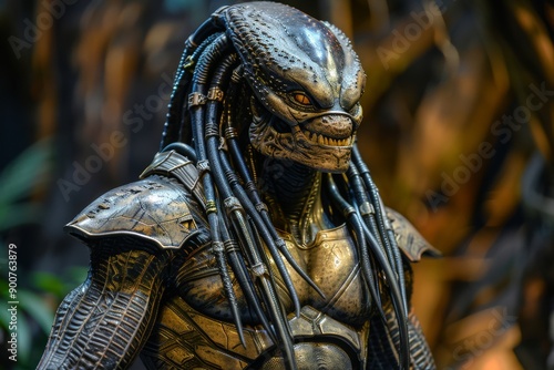 Realistic 3D rendering of a warrior alien with tribal armor, detailed textures, and an intimidating pose