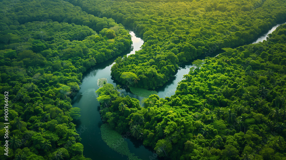 Aerial view of dense tropical jungle with winding rivers cutting through the vibrant green foliage. The image captures the diverse textures of the jungle canopy and the dynamic flow of the rivers, wit Aerial view of dense tropical jungle with winding rivers cutting through the vibrant green foliage. The image captures the diverse textures of the jungle canopy and the dynamic flow of the rivers, wit