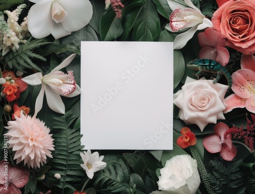 Blank Card Surrounded by Flowers and a Chameleon