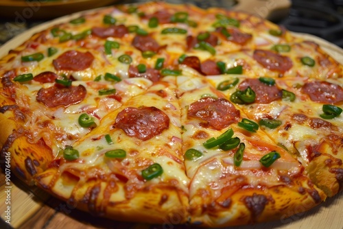 Freshly baked pepperoni pizza with melted cheese and green peppers, perfect for food menus