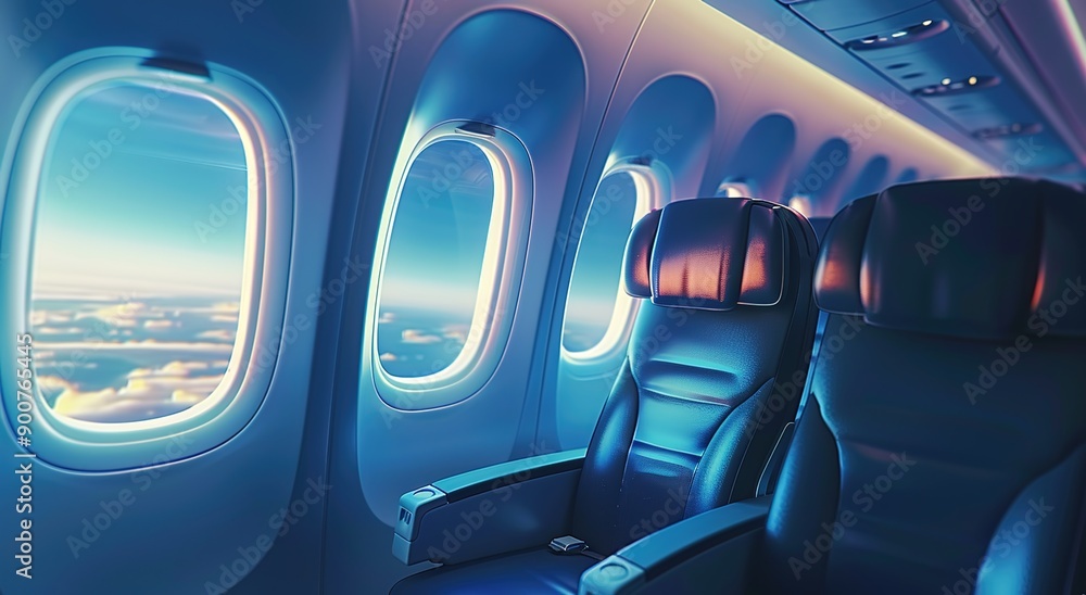 A blue airplane cabin with the seats lined up and windows on one side, with an open window showing clear skies outside. A blue airplane cabin with the seats lined up and windows on one side, with an open window showing clear skies outside.