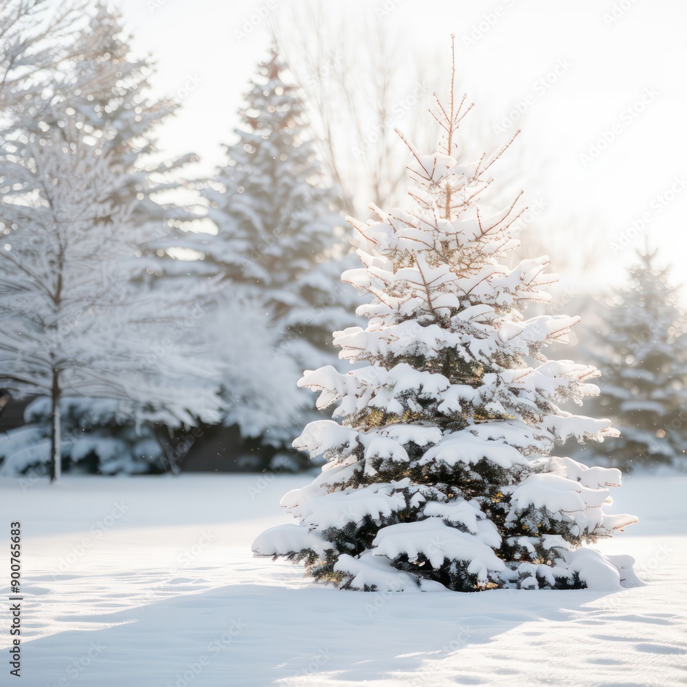 A snow covered pine tree stands in a field of snow. The tree is the only one in the scene, and it is surrounded by a peaceful, serene landscape A snow covered pine tree stands in a field of snow. The tree is the only one in the scene, and it is surrounded by a peaceful, serene landscape
