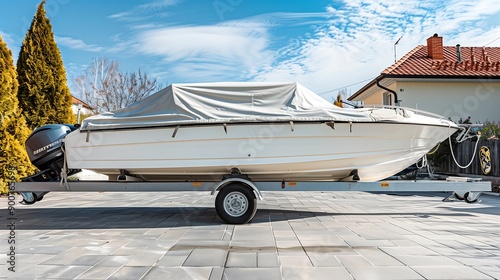 Big modern inflatable motorboat ship covered with grey or white protection tarp standing on steel semi trailer at home backyard on bright sunny day with blue sky on background. Boat vessel storage
