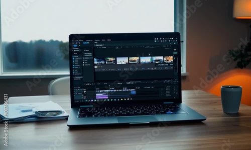 View of a laptop screen running video editing software, sitting on a table in a spacious, modern office or room. photo