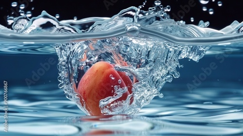   A red apple bobbing in the water with water droplets on its top and bottom photo