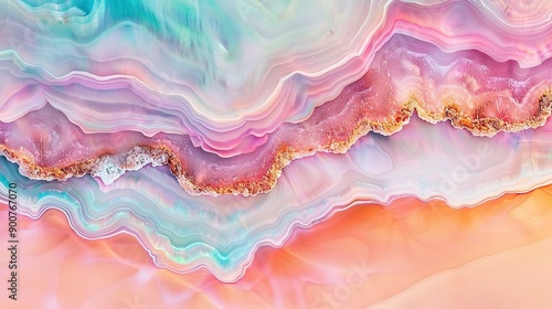 Wallpaper Mural   An abstract painting featuring pink, blue, and white waves set against a backdrop of pink and blue, all framed by a golden border Torontodigital.ca