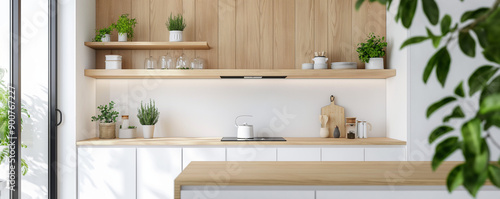 Obraz na płótnie Kitchen interior modern home white room bright house design furniture. Wood kitchen interior modern counter background light countertop minimal apartment wall decor luxury contemporary clean empty w salonie