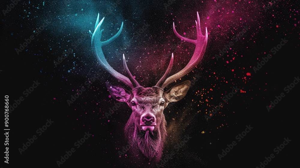 Deer head in black background with colorful paint splatters Deer head in black background with colorful paint splatters