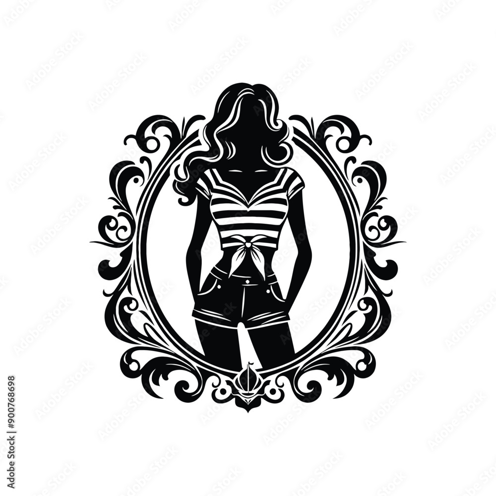 woman wearing retro fashion sailor inspired outfit with a striped top and high waisted shorts woman wearing retro fashion sailor inspired outfit with a striped top and high waisted shorts