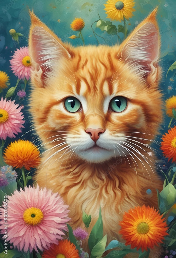 Obraz premium Ginger cat and flowers portrait 