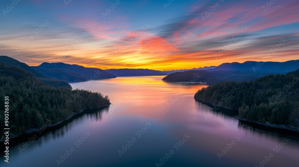 Fototapeta premium A breathtaking sunset over a tranquil mountain lake
