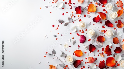  A white background with a bouquet of red and white roses and confetti scattered below their petals