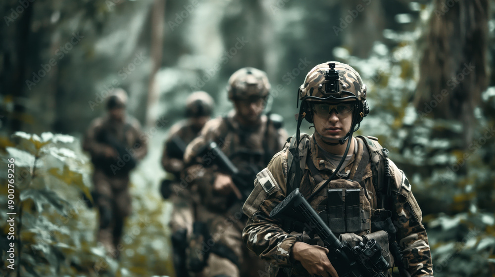 A group of soldiers in full camouflage gear and helmets with night vision goggles navigating through a dense forest. A group of soldiers in full camouflage gear and helmets with night vision goggles navigating through a dense forest.