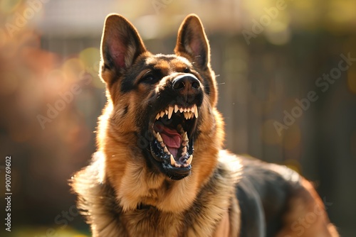 Aggressive dog get angry and bares his teeth. Dog shows dangerous teeth and ready to attack. Rabies vaccination and prevention, immunization and treatment of infection. Homeless animal concept  photo