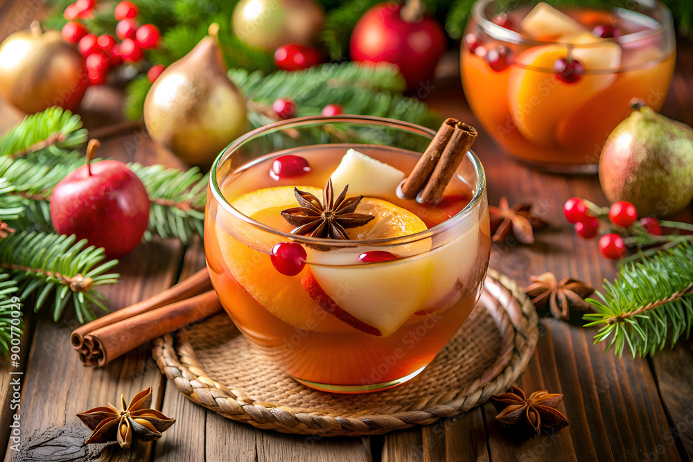 A cozy scene with mulled wine garnished with cinnamon and star anise, surrounded by Christmas decorations. A cozy scene with mulled wine garnished with cinnamon and star anise, surrounded by Christmas decorations.