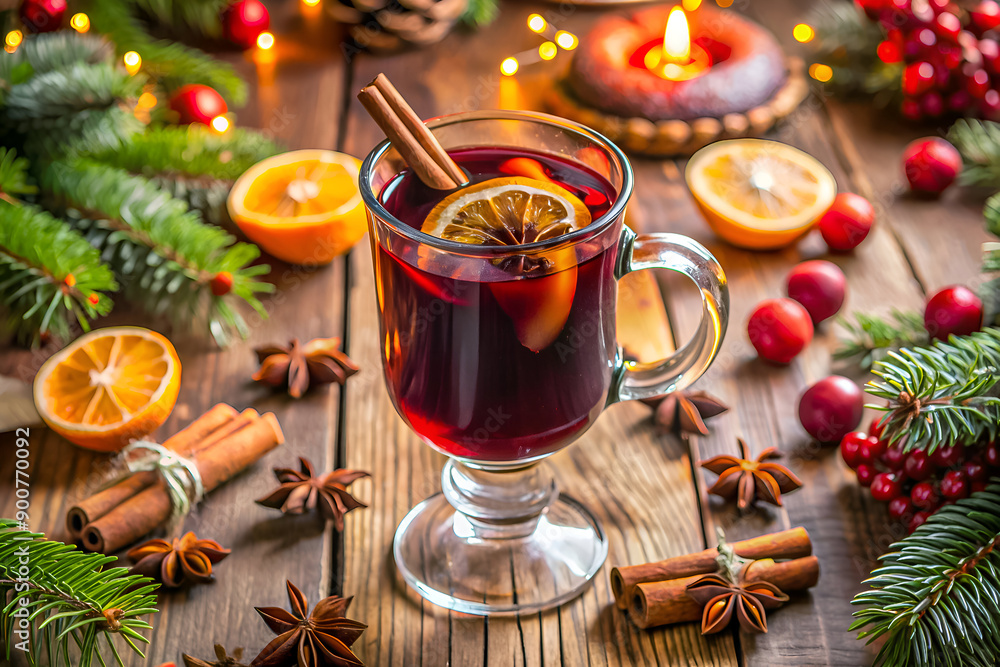 Cozy holiday scene with mulled wine in a glass mug, garnished with a cinnamon stick and orange slice. Cozy holiday scene with mulled wine in a glass mug, garnished with a cinnamon stick and orange slice.