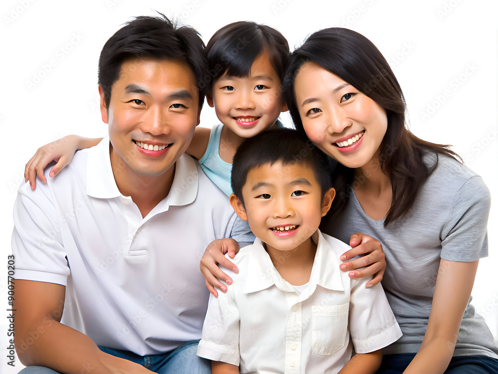 A happy Asian family of four, including a mother, father, and two young children, all smiling warmly. A happy Asian family of four, including a mother, father, and two young children, all smiling warmly.