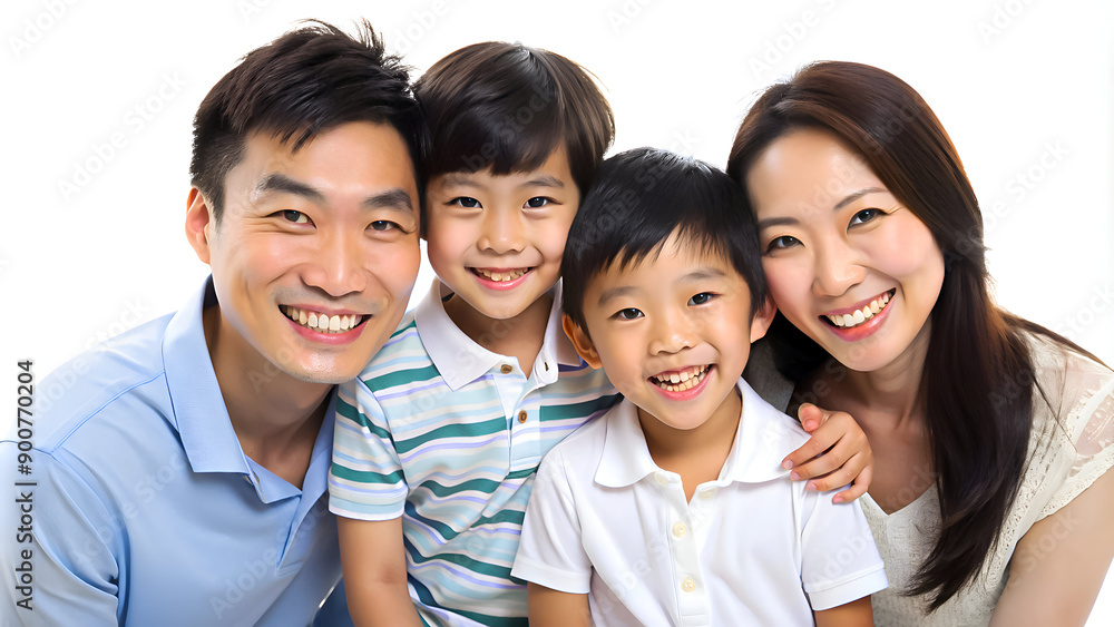 A happy Asian family of four, including a mother, father, and two young boys, all smiling warmly.