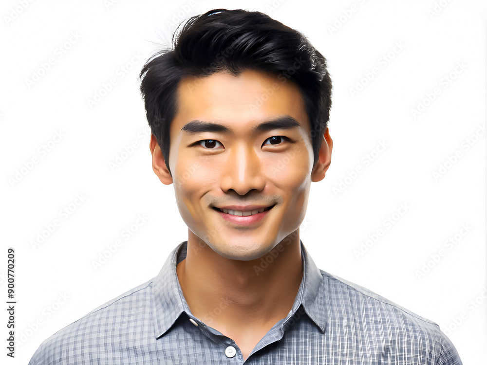 A young Asian man with short, black hair and a warm smile, dressed in a light gray checkered shirt. A young Asian man with short, black hair and a warm smile, dressed in a light gray checkered shirt.
