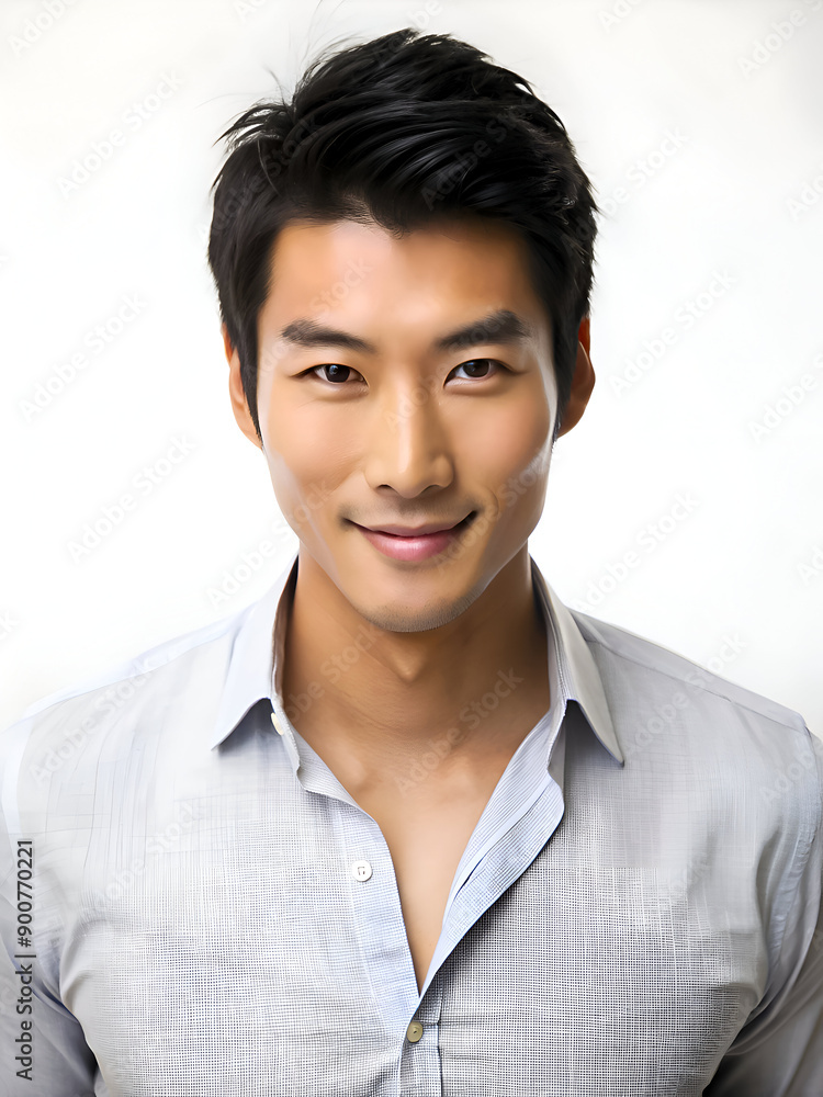 Portrait of Asian man with neatly styled black hair, wearing a light gray shirt. Portrait of Asian man with neatly styled black hair, wearing a light gray shirt.