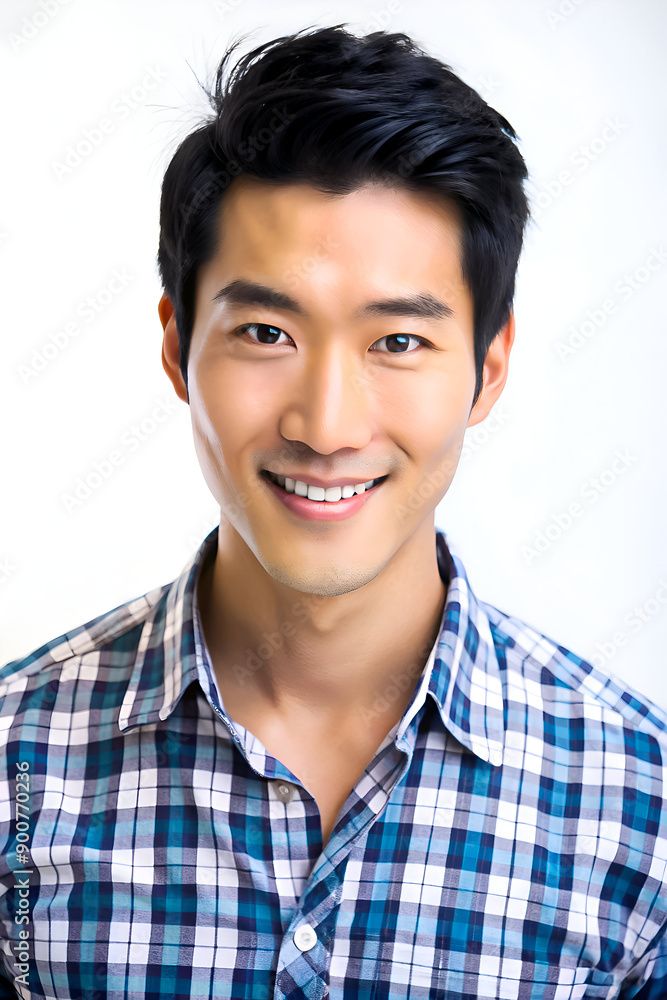 A young Asian man with short, black hair and a bright smile, dressed in a blue checkered shirt. A young Asian man with short, black hair and a bright smile, dressed in a blue checkered shirt.