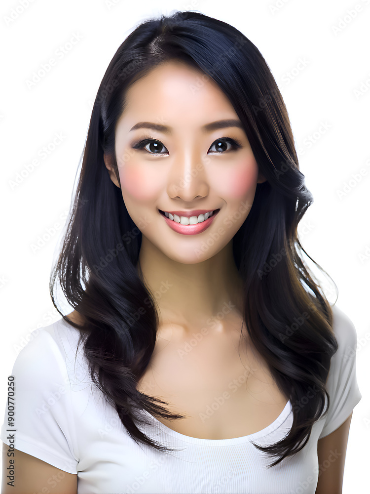 Portrait of a woman with dark, wavy hair, dressed in a white top. Portrait of a woman with dark, wavy hair, dressed in a white top.