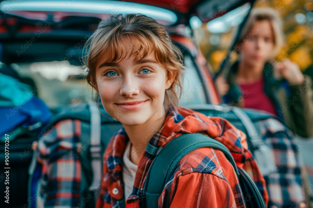Young Caucasian female student in checkered jacket with backpack putting suitcase in car trunk while moving to dormitory on campus or while traveling Young Caucasian female student in checkered jacket with backpack putting suitcase in car trunk while moving to dormitory on campus or while traveling