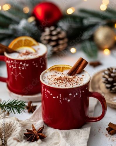 Red Mug of Mulled Wine With Cinnamon Sticks