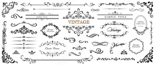 Design elements set. Ornate vintage borders and frames, scroll elements. Classic calligraphy swirls, swashes, floral motifs..eps