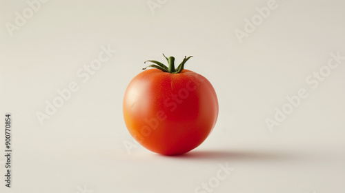 A whole tomato, the surface texture and bright red color of the tomato stands out against the white background, captured in a style similar to a professional 35mm studio photo, realistic photography