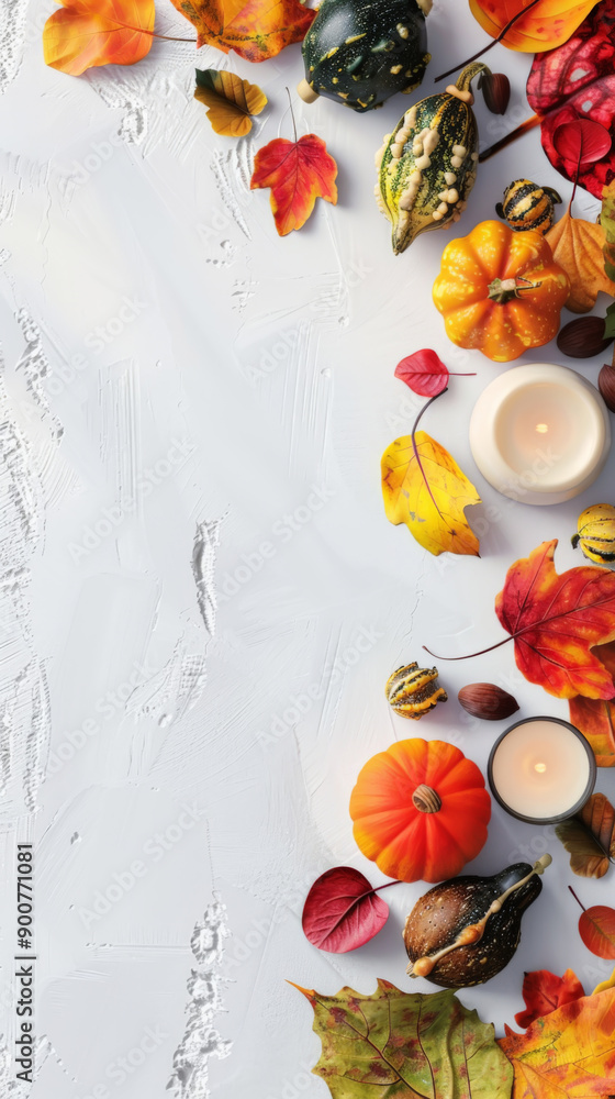 Autumn Flat Lay with Gourds, Leaves, and Candles Autumn Flat Lay with Gourds, Leaves, and Candles