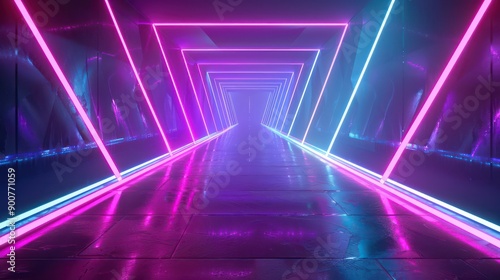 Empty stage performance background. A neon blue and purple laser and light show. Futuristic laser shape on dark background