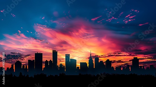 Fototapeta Naklejka Na Ścianę i Meble -  Create the silhouette of a modern city skyline against a colorful sunset sky.