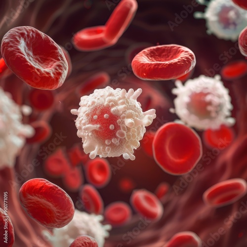 Close-up view of red and white blood cells circulating in the bloodstream, illustrating the components of human blood and their functions