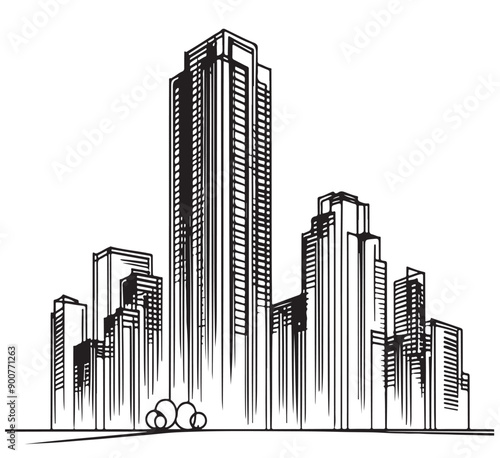 High rise building sketch. Line art logo